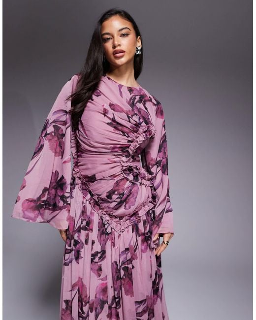ASOS Purple Crinkle Chiffon Gathered Maxi Dress With Micro Ruffles