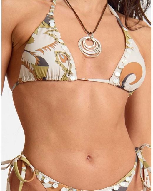 Missy Empire Brown Abstract Print Shell Trim Bikini Top