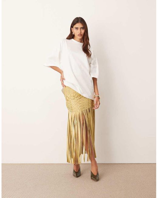 ARRANGE Natural Lattice Handwoven Fringe Hem Midi Skirt