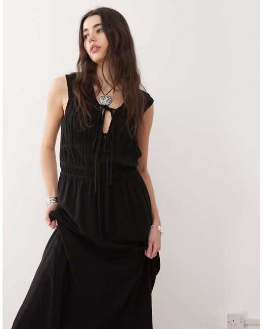Reclaimed (vintage) Black Linen Blend Maxi Sundress With Ruching And Ties