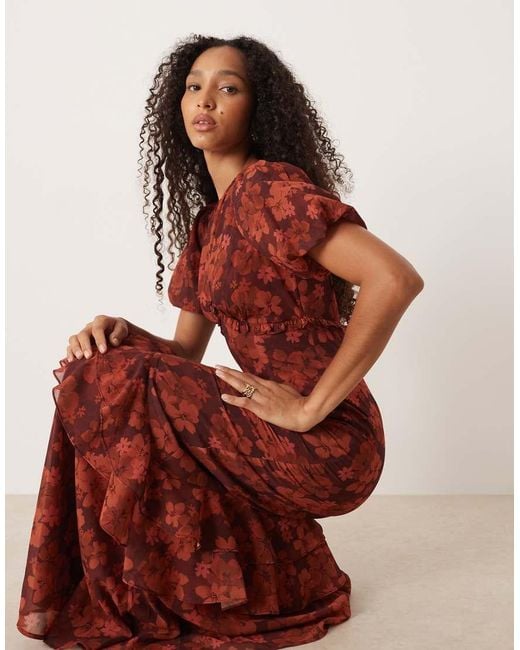 ANAYA Red Floral Short Sleeve Maxi Dress