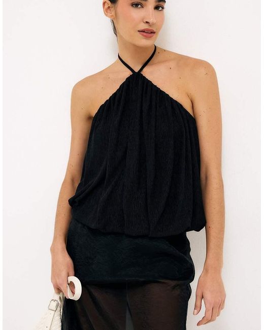 NA-KD Black Bubble Hem Halterneck Top