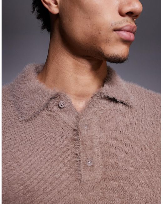 Pull en maille duveteuse à col polo - marron ASOS pour homme en coloris Gray
