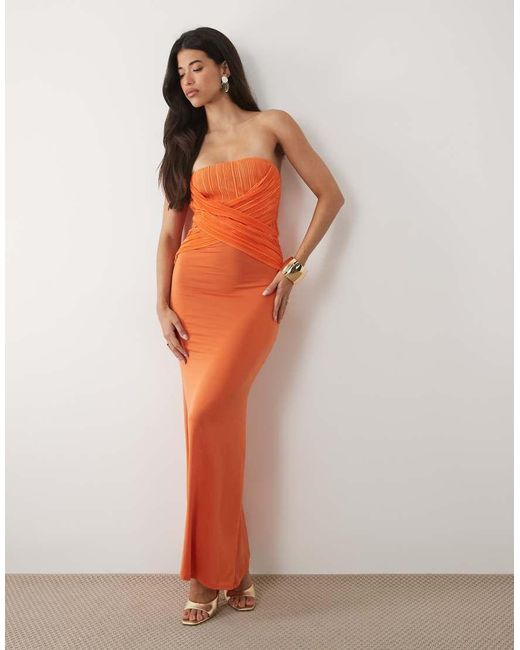 ASOS Orange Plisse Contrast Twisted Bandeau Maxi Dress