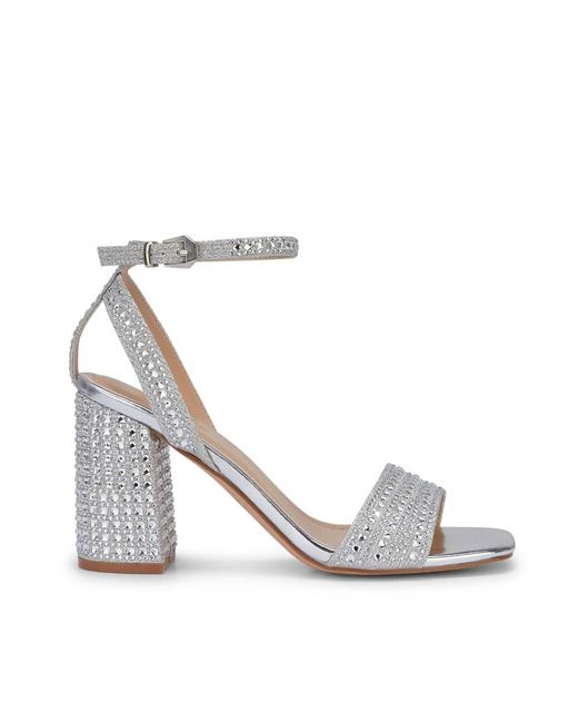 SEQWL White Diamante Block Heel Sandals With Buckle Closure