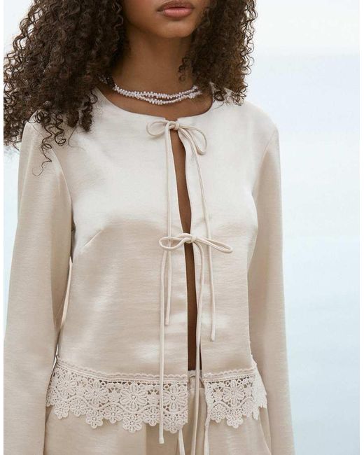 4th & Reckless Natural Satin Tie Front Crochet Trim Beach Top Co-ord