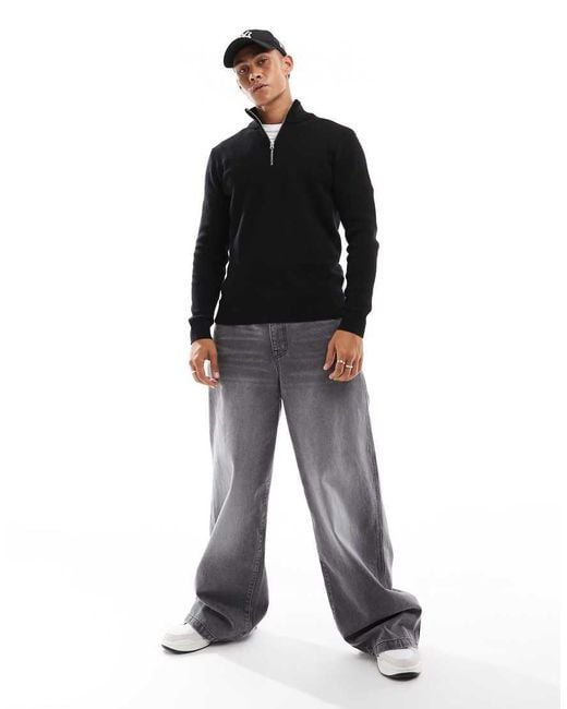 Only & Sons Black Ribbed Half Zip Jumper for men