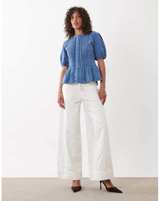 Nobody's Child Blue Tillie Denim Crew Neck Pleat Front Hook And Eye Peplum Top