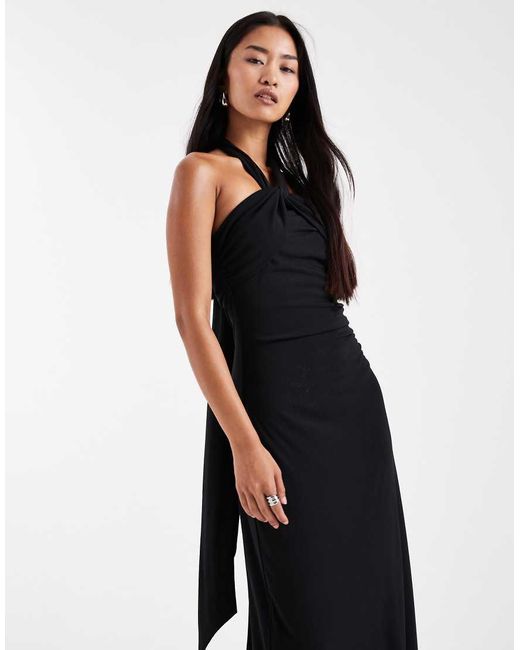 Six Stories Black Bridesmaids Stretch Halter Neck Maxi Dress