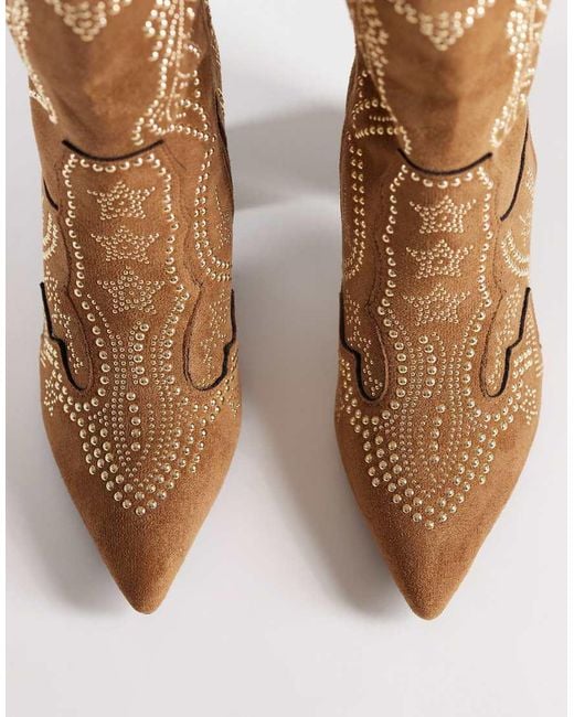 SEQWL Brown Embelished Western Knee Boots