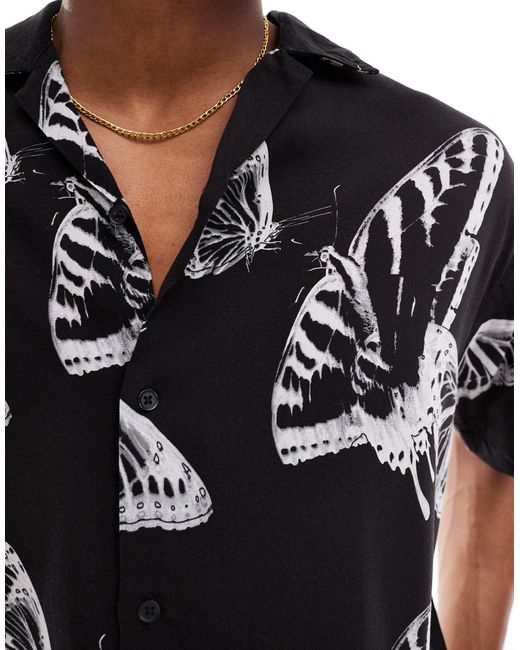 Jack & Jones Oversized Revere Collar Shirt With Black Butterfly Print for men