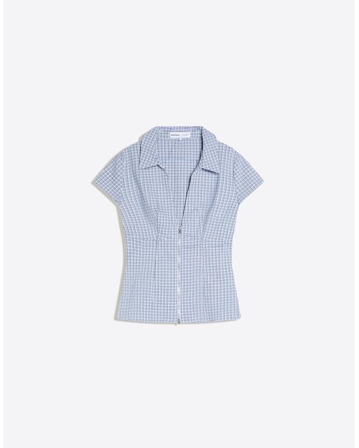 Bershka Blue Short Sleeve Zip Print Shirt
