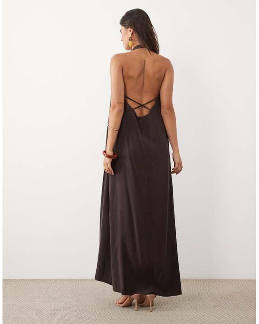 ASOS Brown High Gathered Neck With Open Back Maxi Dress