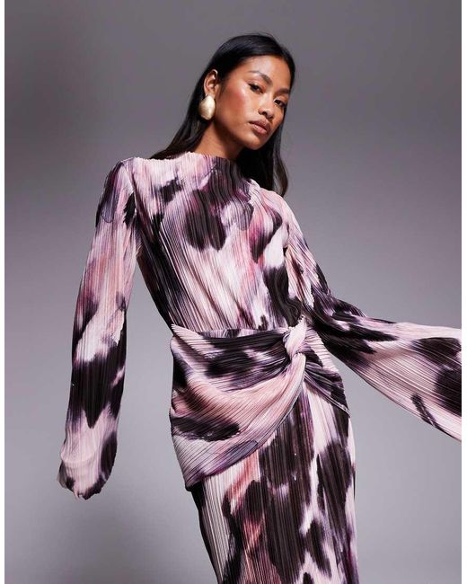 ASOS Purple Plisse Drape Long Sleeve Maxi Dress