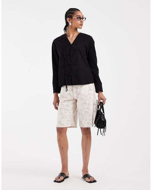 ASOS Black Mandarin Detailing Tie Front Blouse