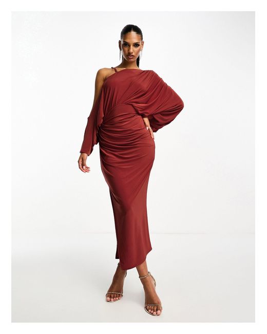 Silky Satin Off Shoulder High Slit Drape Corset Midi Dress - Red