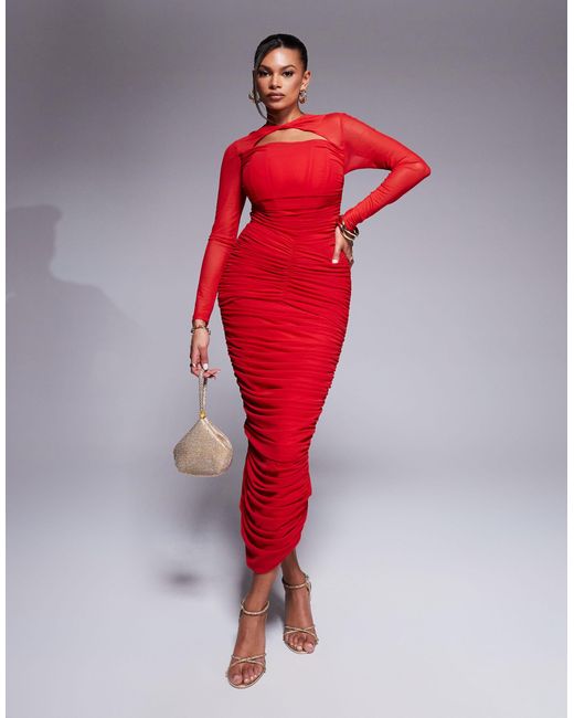 Taideux Red Fuller Bust Genevieve Ruched Mesh Corset Midaxi Dress