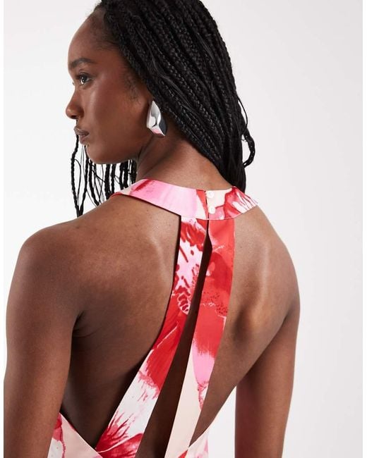 Vero Moda Red Sleeveless Open Back Satin Midi Dress With Overblown Floral Print