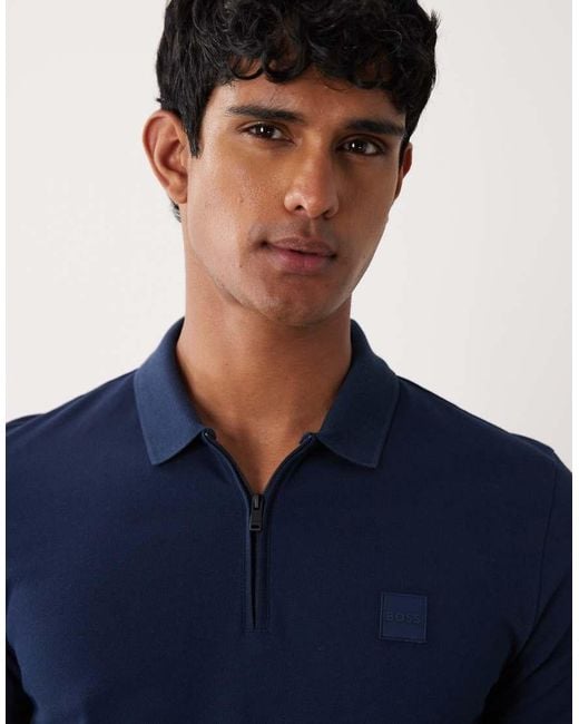 Boss Blue Passerzip Pique Polo Shirt for men