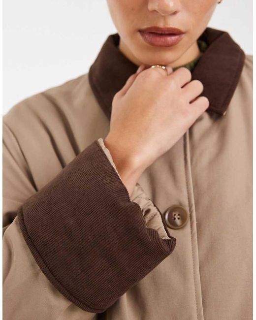 Pieces Brown Longline Trench Coat With Collar Detail