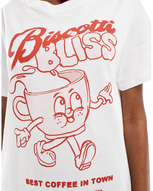 T-shirt modello ristretto bianca con stampa "biscotti bliss" sul davanti di Monki in White