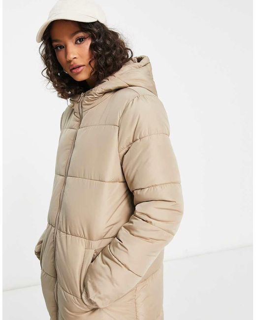 Pieces Natural Longline Padded Coat With Hood