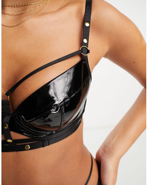 Ann Summers Black Troublesome Glossy Pu Padded Plunge Bra With Hardware And Strapping Detail