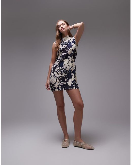 TOPSHOP Blue Abstract Animal Print Plisse Mini Dress