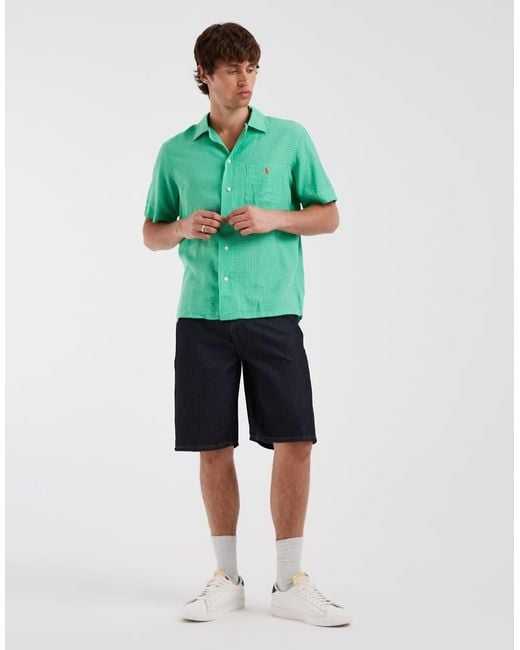 Polo Ralph Lauren Green Icon Logo Short Sleeve Seersucker Linen Look Shirt for men