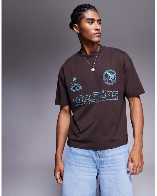 Camiseta Marrón De Corte Cuadrado Extragrande Con Estampado Gráfico Deportivo De ASOS de hombre de color Gray