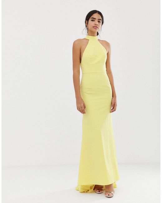 Jarlo Yellow High Neck Trophy Maxi Dress With Open Back Detail In Lemon