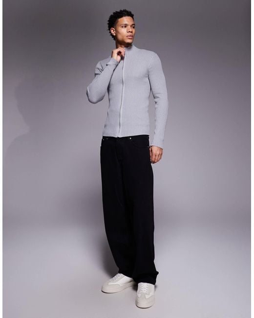 ASOS Gray Muscle Fit Knitted Rib Zip Through Jacket for men