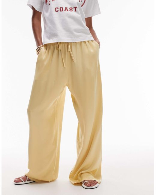 TOPSHOP Natural Satin Tie Waist Wide Leg Trouser