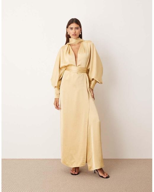 ARRANGE Natural Scarf Neck Blouson Sleeve Column Maxi Wrap Dress
