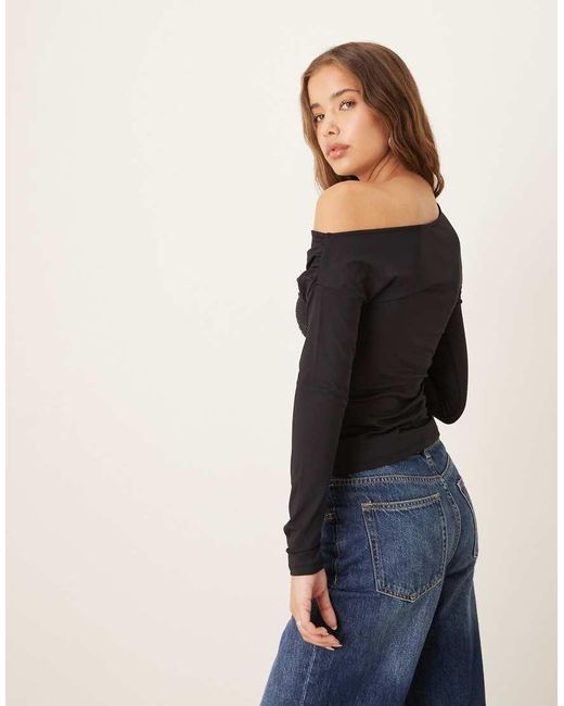 Gina Tricot Black Asymmetric Top With Rhinestone Flower Detail