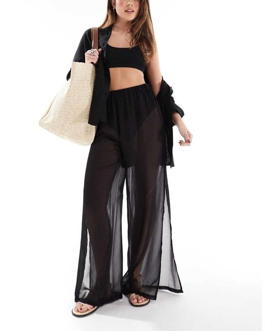 Threadbare Black Sheer Wide Leg Beach Trousers With Side Split