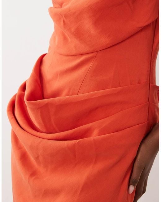 ASOS Red Square Neck Draped Bodice And Waist Detail Maxi Dress With Side Split