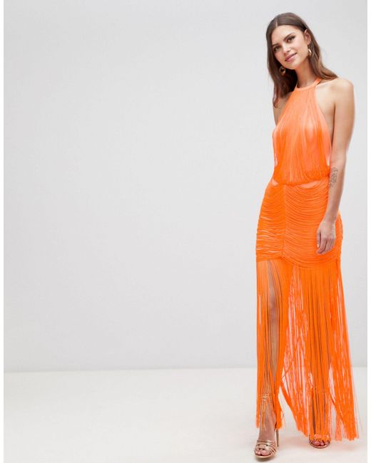 ASOS Orange Dropped Waist Fringe Maxi Dress