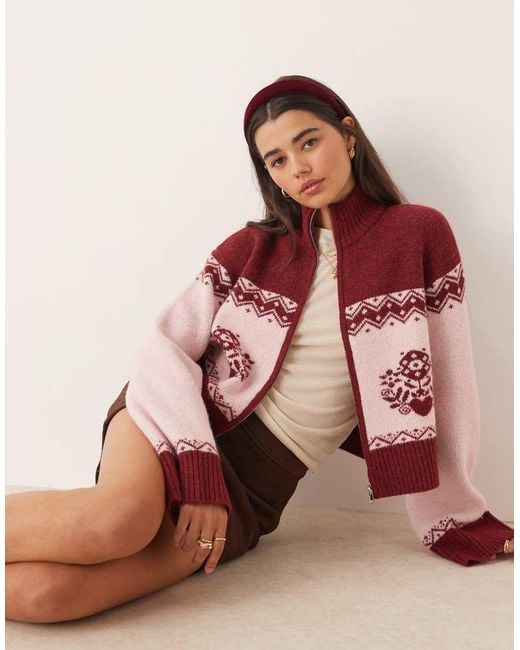 Miss Selfridge Brown Zip Detail Pattern Cardigan