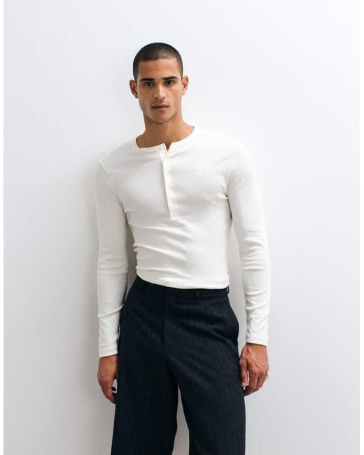 ASOS White Muscle Fit Long Sleeve Henley T-shirt With Embroidered Chest Emblem for men