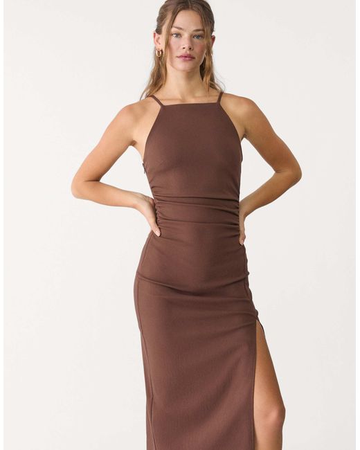 Stradivarius Brown – neckholder-midikleid