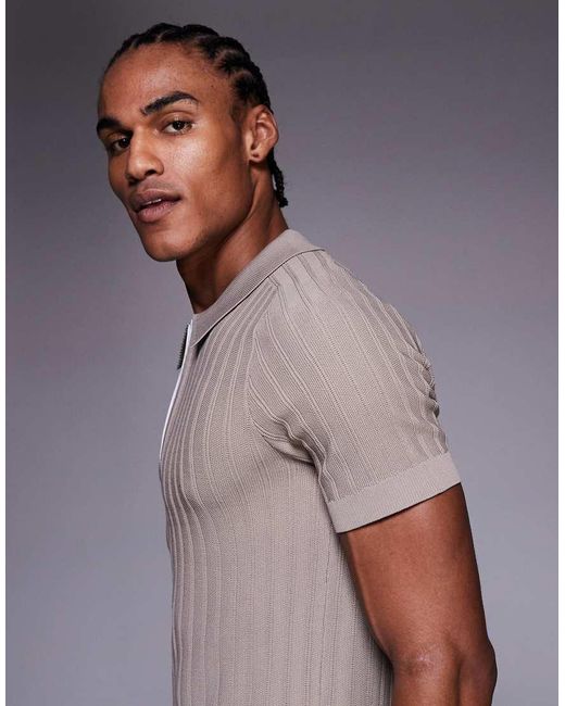 River Island Gray Ribbed Muscle Fit Polo Shirt for men