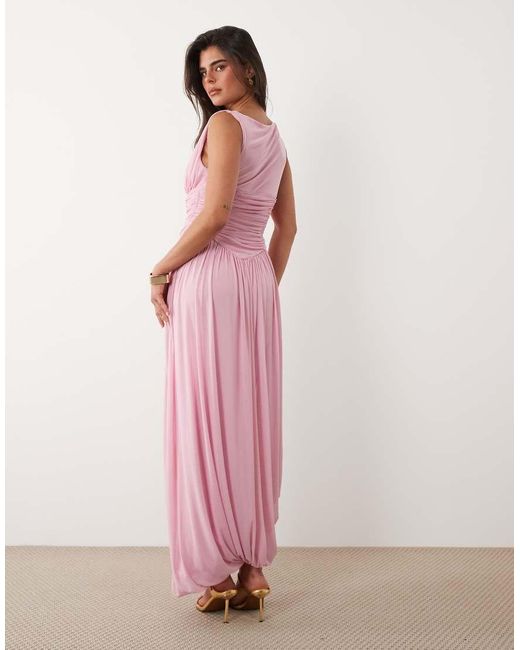 ASOS Pink Mesh Slash Neck Asymmetric Bubble Hem Maxi Dress