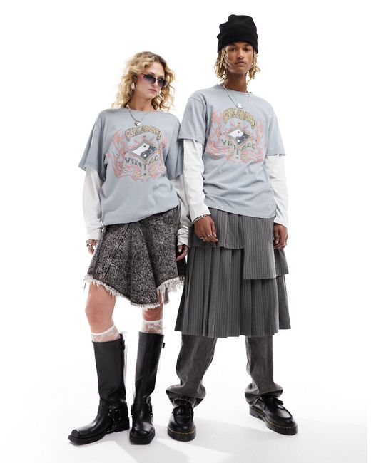 Reclaimed (vintage) Gray Unisex Oversized Double Layer T Shirt With Ying Yang Graphic