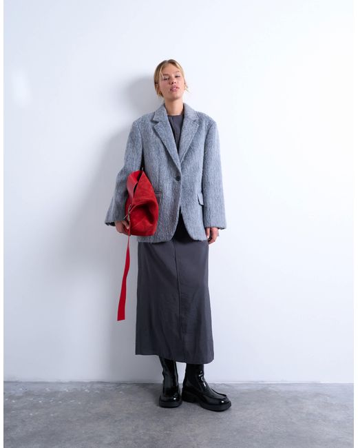 TOPSHOP White Longline Brushed One Button Blazer Coat With Wool