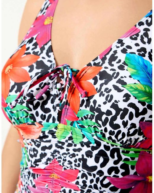 Yours Clothing Black Leopard Floral Lace Up Swimsuit