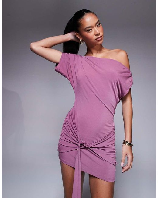 ASOS Mini Jurk Met Afhangende Schouder En Gedrapeerd Detail in het Purple