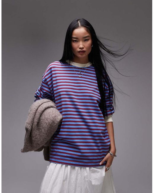 TOPSHOP Gray Stripe Slouchy Long Sleeve Crew