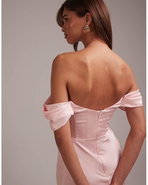 ASOS Pink Bridesmaids Bardot Satin Maxi Dress