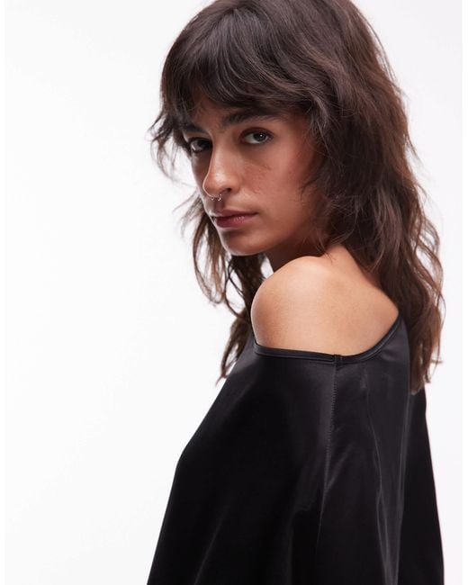 ASOS Black Satin One Shoulder Drape Top